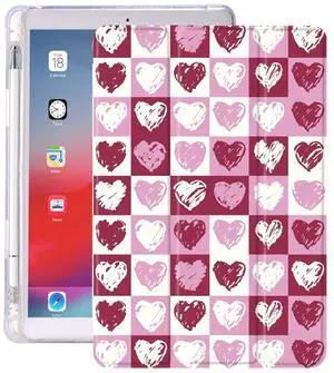 Idocolors Cute Heart Pad Case for 10.2 Inch iPad 9th/7th/8th Generation, Clear TPU Smart Stand Back Cover with Pencil Holder, Auto Wake/Sleep Foldable Shockproof Protective iPad 2021/2020/2019 Case