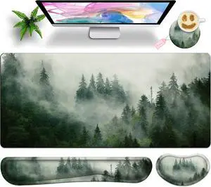 JYCUHTCL Forest Desk Pad Large Gaming Mouse Pad Set 35.4 x 15.7 with Keyboard Wrist Rest, Wrist Support, and Coaster Memory Foam Smooth Desk Pad Mousepad for Home Office School