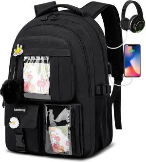 kadilong School Backpacks for Teen Girls Bookbag for Middle School College Students, Cute Backpacks for Women 15.6 Inch Laptop Bag Back Pack School Bag Anti Theft (Black)