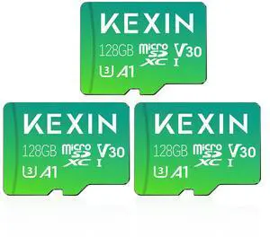 KEXIN 128GB Micro SD Card 3 Pack with Adapter - Up to 90MB/s 4K, V30, A1, C10, 4K UHD High Speed microSDXC UHS-I Memory Card Compatible with Action Camera Drone Game Smartphone Tablet 128G 3Pack