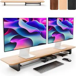 KIVY Dual Monitor Riser with Integrated Metal Shelf [MADE BY HAND] - Wooden Desk Shelf for Monitor - Monitor Riser for 2 Monitors - Wide Long Dual Monitor Stand Riser for Desk (44 x10x3in - Oak)
