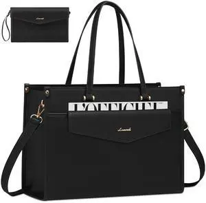 LOVEVOOK Laptop Bag for Women, 17.3'' Laptop Tote Purse 2-in-1 Professional Work Bag Business Briefcase with Clutch Purse, Waterproof Leather Computer Handbag Shoulder Bag for Teacher Office Travel