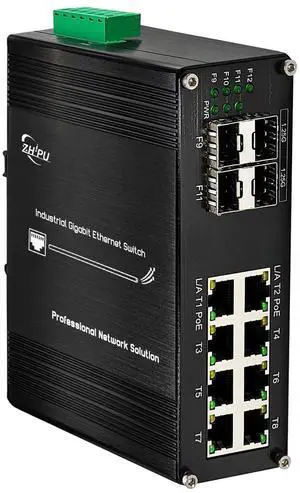 Unmanaged 8 Ports Gigabit PoE Switch Industrial Din-Rail Ethernet Switch with 4 1000Base-X SFP Slots IEEE802.3af/at 30W Up to 240W 10/100/1000Mbps Network Fiber Switch 48V DC