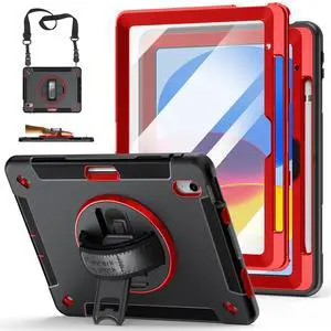 Case for iPad 10th Generation 2022:Miesherk Stock Military Grade Shockproof Rugged Case for iPad 10th Gen 10.9'' W/Screen Protector,Rotate Stand,Handle,Shoulder Strap,Pen Holder (Red)