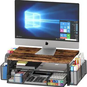 OPNICE Desk Organizers and Accessories, 2-Tier Computer Monitor Stand for Desk Organizer with Drawer and 2 Pen Holders, Office Desk Accessories Workspace Desktop Organizers for Office Supplies, Wooden