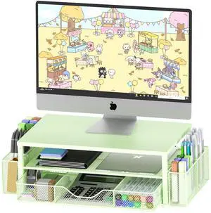 OPNICE Desk Organizers and Accessories, 2-Tier Computer Monitor Stand for Desk Organizer with Drawer and 2 Pen Holders, Office Desk Accessories Workspace Desktop Organizers for Office Supplies, Green