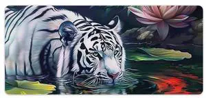 Wildlife Animals Mousepad White Tiger Large Mouse Pad Aesthetic Lotus Flower Desk Mat for Keyboard and Computer Pad Non-Slip for Gaming Home Office Supplies 35.4 x 15.7 Inch