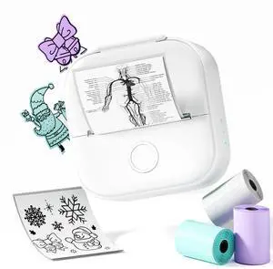Phomemo T02 Sticker Printer- Inkless Printer Mini Printer Sticker Maker Bluetooth Thermal Pocket Printer for Study Notes, Stickers, Photos, DIY Printing, with 3 Rolls Paper, White