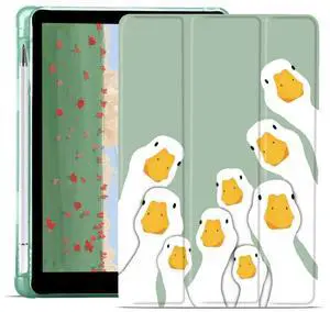 JOYLAND Funny Goose Cartoon Pad Case for 10.2 Inch iPad 9th/7th/8th Generation with Pencil Holder, Auto Wake/Sleep for iPad 2021/2020/2019 Case, Foldable Smart Stand Green Leather Anti-Scratch Case