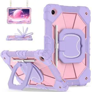 Scnioy for Galaxy Tab A9 Plus Case 11 Inch, Rugged Case for Samsung Galaxy A9+ Tablet with Screen Protector 360 Rotating Stand Shoulder Strap Pen Holder, 2023 Model(SM-X210/X216/218), Purple Rose