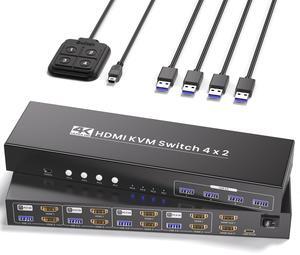 USB 3.0 Dual Monitor HDMI KVM Switch, 4K60Hz 4 Port HDMI KVM Switch 2 Monitors 4 Computers for 4 Computers Share 1 Set of Keyboard, Mouse and 2 Monitors, 4 USB 3.0 Ports Integration