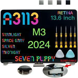 Seven Puppy Replacement for Air 13.6" M3 2024 A3113 EMC 8611 13.6 inches 2560x1664 Full LCD Screen Display Complete Assembly (Midnight)