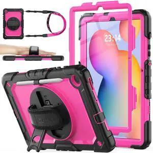 SEYMAC stock Case for Samsung Galaxy Tab S6 Lite 10.4'' (2024-2020) with Screen Protector Pencil Holder [360deg Rotating Hand Strap] &Stand, Drop-Proof Case for Galaxy Tab S6 Lite Tablet, Pink/Black