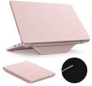 SEYMAC stock Case for MacBook Pro 14 inch 2024-2021 A3112 A3185 A3401 A2918 2992 2779 M4-M1, Shock-Absorbing Protection Case with Magnetically-Folio Stand &Mouse Pad/Bag (Leather-Like Color Pink)
