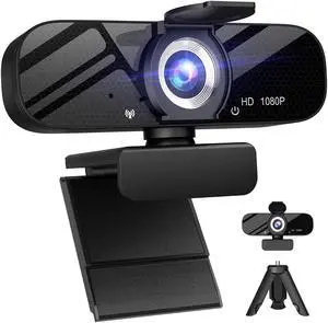 Full HD 1080P Webcam with Microphone, Wide Angle, Rotatable Tripod, Privacy Cover