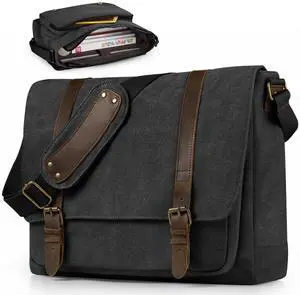 SMRITI Vintage Canvas Messenger Bag for Men 15.6-16 inch Laptop bag,Computer Satchel Shoulder Bag for School Work Travel (Black)