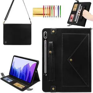 Handbag Case for Samsung Galaxy Tab S9 FE 10.9"/S9/S8/S7 11", Techcircle Folio Stand Crossbody Wallet Case with S Pen Holder & Card Slots Pocket, Hand Strap & Shoulder Strap Protective Cover, Black