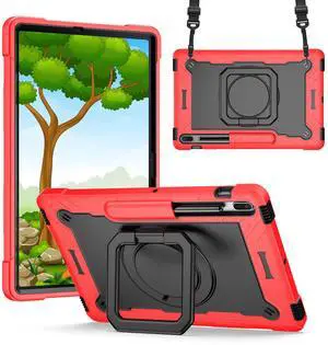 Shockproof Case for Samsung Galaxy Tab S8+/S7+/S7 FE 12.4" Tablet, Techcircle Rotating Stand Ring Handle Rugged Drop Proof Protective Cover with Shoulder Strap for SM-X800/X806/T730/T970, Red+Black