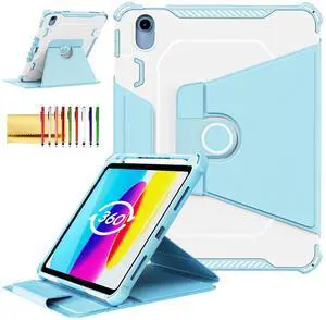 Rotating Case for iPad 11" A16 2025 / iPad 10th Generation 10.9" 2022 Smart Cover with Pencil Holder, Techcircle [Corner Protection] Hybrid TPU+PC Magnetic Flip Stand Soft Bumper Cover, Baby Blue