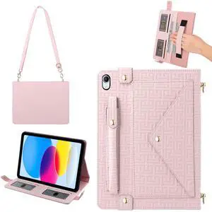 Handbag Case for iPad 11th Gen A16 2025/10th Gen 2022 10.9-inch, Techcircle Elegant Crossbody Folio Stand Wallet Case with Pencil Holder, Card Slots, Hand Strap, Shoulder Strap, Baby Pink