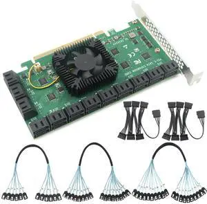 PCIEx16 to 24-Port SATA 3.0 Expansion Card with 20 inches SATA Bundle Cables for Desktop SSD/HDD, Plug & Play, Compatible with Windows/Linux/ESXi