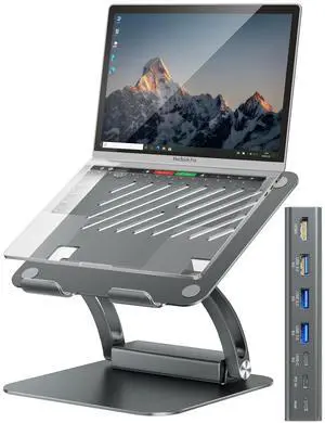 tounee Laptop Stand with Detachable USB-C Hub, 100W PD Charging, 4K@60Hz HDMI, 3 USB Ports, Ergonomic Laptop Holder Docking Station for 10-17" Laptops, MacBook & More - Gray