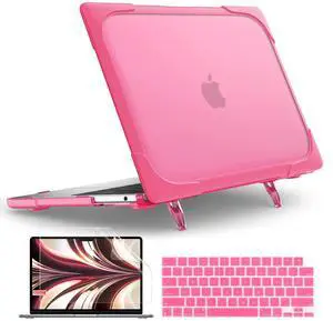 TWOLSKOO for MacBook Air 13.6 inch Case 2024 2023 2022 M3 M2 Chip A3113 A2681 with Touch ID, Heavy Duty Rugged Shockproof Hard Shell Dual Layer Protective Cover with Fold Kickstand, Pink