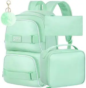 3Pcs Girls Backpack, 17 Inches School Bookbag with Lunch Box, Laptop Backpacks Set for Teens College Students(Green)