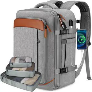 Vancropak Carry on Backpack, Flight Approved Travel Backpack with 3 Packing Cubes, Expandable Personal Item Travel Bag fit 17.3" Laptop, Anti Theft Luggage Suitcase Weekend Daypack for Women Men, Grey