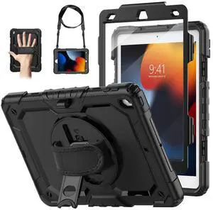 WEGLS Case for iPad 9th/ 8th/ 7th Generation 10.2'' with Screen Protector Pencil Holder, 360 Rotating Hand Strap & Stand, Protective Case for iPad 10.2 inch 2021/2020/2019 (Black)