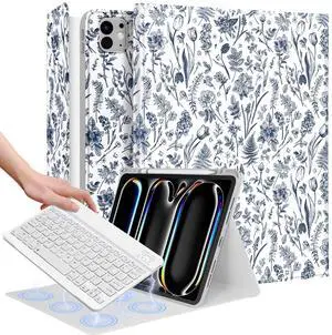 Wazzasoft for iPad Pro 13 inch Case 2024 M4 with Keyboard - Pencil Holder Folio Tablet Cover Women Girl Cute Teen Blue Floral Unique Design for Apple Pro 13 A2925 A2926 A3007