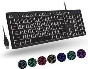 Large Print Backlit Keyboard Wired - Easy to See and Type - Light Up Keyboard for Seniors, Elderly, Kids - USB Lighted Keyboard, 7 Backlight Colors, Oversize Letters - Easy View PC, Computer Keyboards
