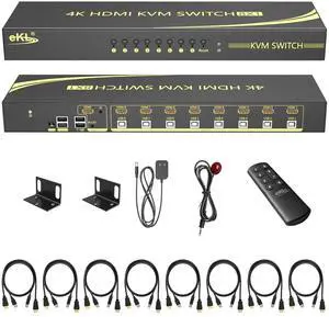 eKL 8 Port HDMI KVM Switch Supports 3.5mm Audio Extractor 4K@60Hz 4:4:4 Hotkeys Swapping 8 in 1 Out 8 PCs Sharing with One Set of Keyboard and Mouse