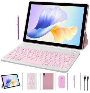 ZZB 2 in 1 Tablet with Keyboard Case Mouse Stylus Pen, 10 inch Tablet Android 14.0 Tablets PC Set, 8GB RAM+64GB ROM Tableta Computer 10.1" IPS Screen 2MP+8MP Dual Camera WiFi BT Tab Pink/Girls