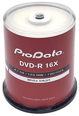PioData DVD-R 4.7GB 16X Moisture-Resistant White Inkjet Hub Printable Discs | 100-Pack Cake Box Spindle | Printable DVD-R for Inkjet Printers