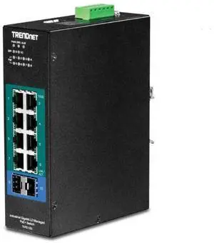 TRENDnet 10-Port Industrial Gigabit L2 Managed PoE+ DIN-Rail Switch, 8 x Gigabit PoE+ Ports, DIN-Rail Mount, 2 x SFP Slots, 2457V DC Power Input, IP30, VLAN, Lifetime Protection, Black, TI-PG102i