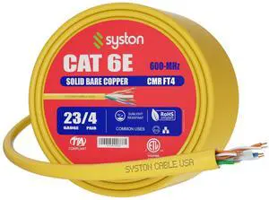Syston Cable Technology Cat6e Ethernet Internet Cable - 100 FT600MHz 23AWG Solid Bare Copper Wire Outdoor/Indoor Suit, Bulk No Ends 10 Ft to 1000, Heat Resistant Riser Rated - CMR