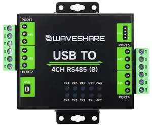 Waveshare Industrial Isolated USB to 4-Ch RS485 Converter (B), CH344L Chip, Multi Protection Circuits, Multi Systems Support, Aluminium Alloy Case, Wall-Mount & Rail-Mount Support