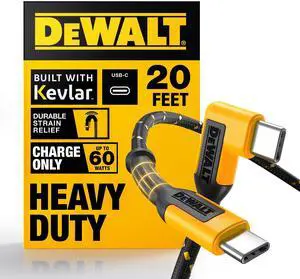 DEWALT Heavy Duty Extra Long USB C Cable (20 ft/6M), Fast 60W Type C Charging Cable, 90Degree Connector TypeC Charger Cord for Oculus Quest, PS5 Controller, Samsung Galaxy, Z Fold/Flip (Charge Only)