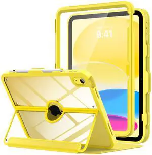 MoKo for iPad 11-inch (A16) 11th Generation Case 2025/ iPad 10th Generation Case with Pencil Holder 2022 10.9 inch, Built-in Screen Protector Clear Back, Multi Angle Viewing Stand, Yellow