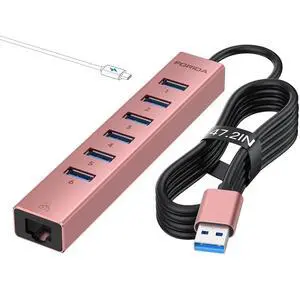 Aluminum USB 3.0 Adapter USB to Ethernet HUB with 120CM Long Cable for Laptop USB Extender with Gigabit Ethernet Port and 5V/3A Power Port 7 Ports USB Hub for iMac PC Flash Drives (Rose Gold)