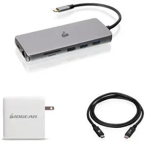 IOGEAR Docking Station USB-C 6-1 Nano Dock Pro Dock, Dual Monitors GUD3C8K2P with USB-C 6Ft Cable and 100W USB-C GaN Charger Adapter Bundle