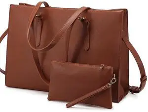 LOVEVOOK Laptop Bag for Women, Fashion Computer Tote Bag Large Capacity Handbag, Leather Shoulder Bag Purse Set, Professional Business Work Briefcase for Office Lady, 2PCs, 15.6-Inch, Brown
