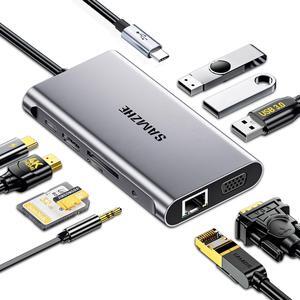 SAMZHE USB C Docking Station 10-in-1 USB-C Hub Dual 4K HDMI Monitor Laptop Dock Stations Multiple Adapter with HDMI 4K+VGA+3 USB-A 3.0 Port+100W PD Charger+Ethernet+SD/TF+Audio