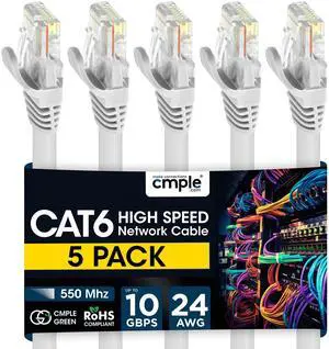 Cmple 5 Pack Cat6 Ethernet Cable, High Speed Cat6 Internet Network Cable, Ethernet Patch Cables, Computer LAN Cable with Snagless RJ45 Connectors - 15 Feet White (Pack of 5)