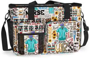 84hoods Nurse Bag for Work With Large Compartments, Padded Laptop Storage and Multiple Pockets - Waterproof Shoulder Tote Bag - Sunflower Typography