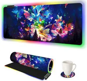 AIMSA RGB LED Gaming Mouse Pad, 14 Modes Glow Pad, Extra Large Gaming Mousepad, 35.4 x 15.8 inch Extended Big Waterproof Keyboard Mouse Pad Mat, Colorful Abstract Butterfly
