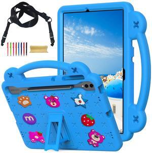 Kids Case for Samsung Galaxy Tab S10+ Plus/ S9 FE+ Plus/Tab S9+ Plus/ S8+ Plus/S7+ Plus/ S7 FE 12.4", DIY Cute Figures Kids Friendly Case with Shoulder Strap Shockproof Cover, SkyBlue