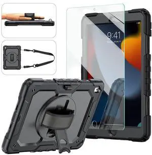 iPad 9th/8th/7th Generation Case, iPad 10.2 Case 2021/2020/2019, [Kid Proof] ambison Full Body Protective Case with 9H Tempered Glass Screen Protector, 360deg Rotatable Kickstand & Hand Strap (Black)
