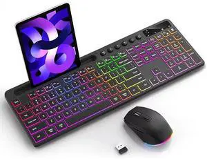 Wireless Keyboard and Mouse Combo 2.4Ghz, RGB Backlit Rechargeable 114 Key Keyboard Mouse with Phone Tablet Holder, Full-Size Quiet Silent Ergonomic Keyboard & Mouse Set for Gaming Home Office